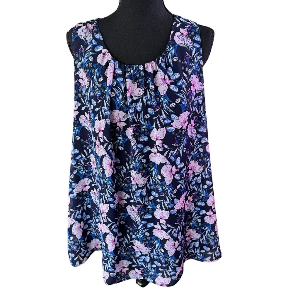 Vince Camuto Navy Floral Spring Injection Sleeveless Roundneck Blouse Sz XXL
